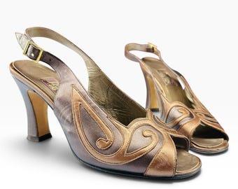 Archival Peter Fox Metallic Bronze Leather Art Nouveau Swirl Slingback Heels 8.5