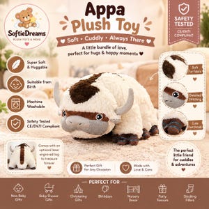 May include: A cream and brown Appa plush toy with curved horns, a dark brown arrow marking on the head, and brown feet. The image includes text such as Appa Plush Toy, Soft Cuddly Always There, Safety Tested, and various icons detailing product features.