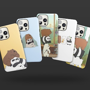 May include: Five smartphone cases featuring cartoon bear characters. One case is yellow, one light blue, one white, and two have full-color illustrations. The designs depict three bears stacked on top of each other or standing side by side in various poses.