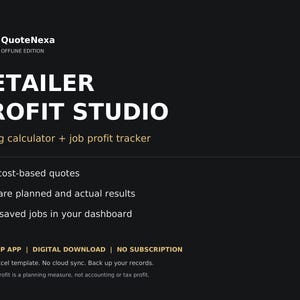 Könnte beinhalten: Eine schwarze digitale Benutzeroberfläche für QuoteNexa Offline Edition Detailer Profit Studio. Sie enthält einen Preiskalkulator und einen Gewinn-Tracker, mit denen Nutzer kostenbasierte Angebote erstellen und geplante mit tatsächlichen Ergebnissen vergleichen können.
