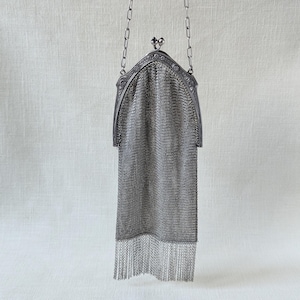 May include: A silver-toned metal mesh handbag featuring a pointed frame with a decorative clasp and a delicate chain strap. The body of the bag is constructed from fine interlocking metal links and finished with a fringe of thin silver chains.