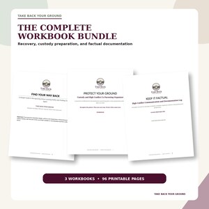 May include: A digital workbook bundle titled The Complete Workbook Bundle, featuring three documents: Find Your Way Back, Protect Your Ground, and Keep It Factual. The set includes 96 printable pages with dark text on white backgrounds.