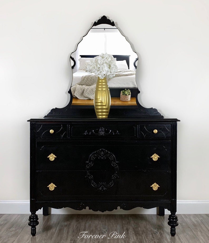 Vintage Black Dresser With Mirror Vintage Three Drawer Etsy