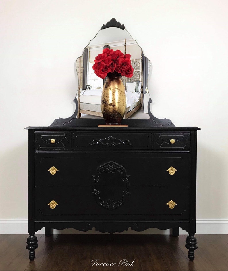 Vintage Black Dresser With Mirror Three Drawer Image 0