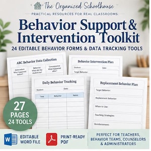 May include: A Behaviour Support & Intervention Toolkit with 24 editable behaviour forms and data tracking tools. The document set includes ABC Behaviour Data Collection, Behaviour Intervention Plan, Daily Behaviour Tracking, and Replacement Behaviour Plan forms.