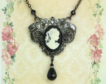 Black Cameo Necklace, Vintage Victorian Style, Gunmetal Setting and Chain