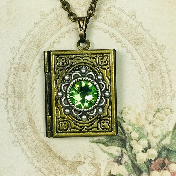 Vintage Style Brass Book Locket Necklace For Pictures Accented With 7mm Peridot Flatback Crystal