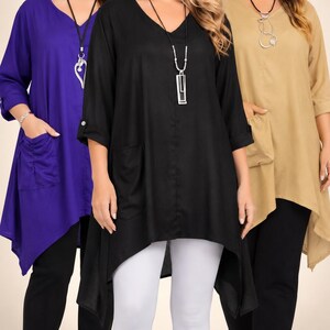 Easygoing Plus Size Tunic for Women  | V Neck,  Draped Sides, Patch Pocket, L/XL–4X
