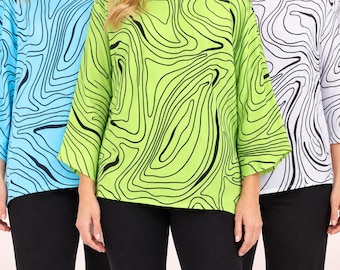 Womens Swirl Print Linen Tunic for Women | Relaxed Artsy Boho Top
