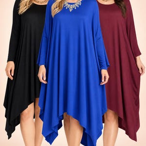 May include: Three long-sleeved dresses with asymmetrical hemlines and scoop necklines. The dresses are shown in solid black, royal blue, and deep burgundy. Each dress features a loose, flowing fit with long sleeves and a handkerchief-style hem.