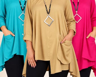 Draped Hem Tunic, Plus Size Blouse Top with Roll Tab Sleeves and Front Pocket