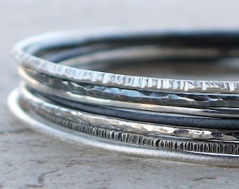 Silver bangles set of 7, skinny stacking bangles, hammered bangles, silver bangles bracelet, silve bracelet. SALES 15%OFF