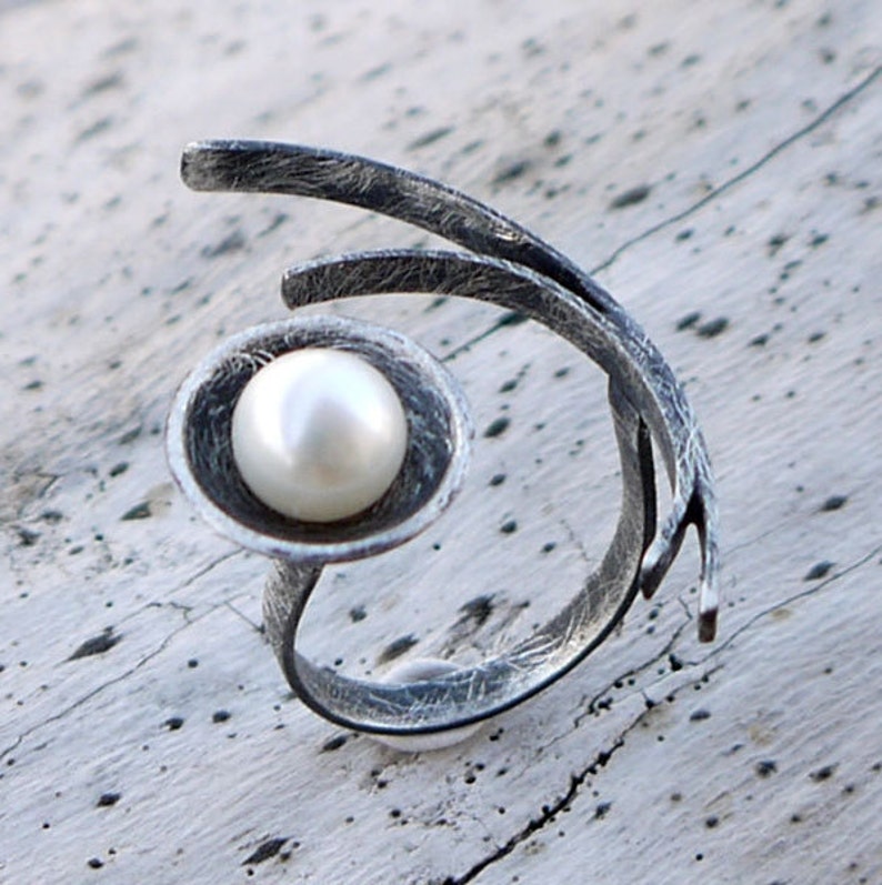 oxidized silver Sterling silver ring Pearl ring silver ring with pearl adjustable ring statement ring Black ring