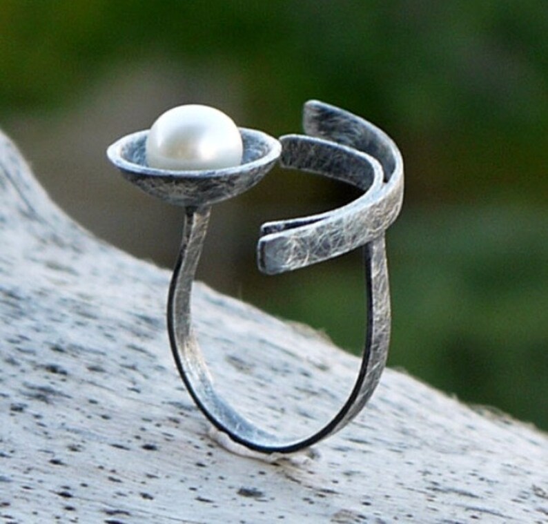 oxidized silver Sterling silver ring Pearl ring silver ring with pearl adjustable ring statement ring Black ring