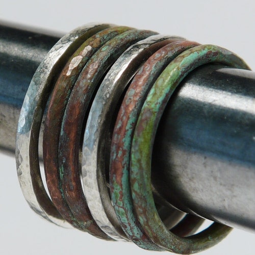 Skinny stackable Set of 6 Rings - Mixed Metal - Sterling Silver and  Copper band