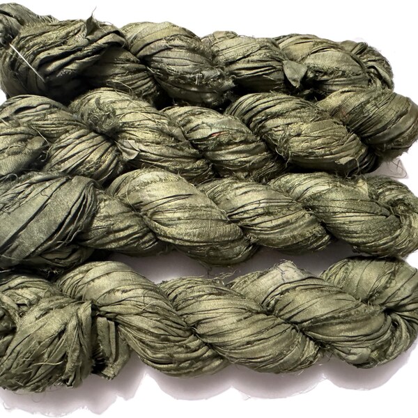 Recycled Sari Silk Ribbon Olive Green color