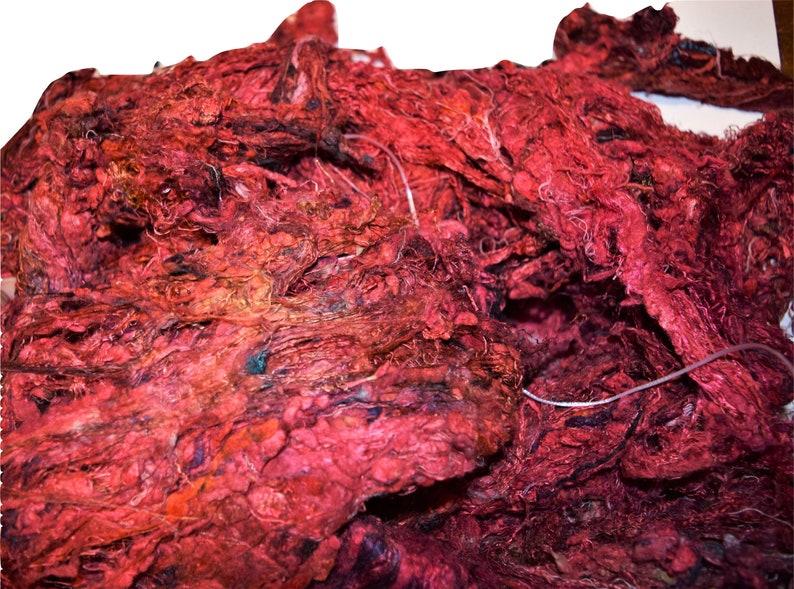 100 gr Sari silk fiber Batt wet felting weaving spinning paper making etc waste tread Red multi super soft mix colors