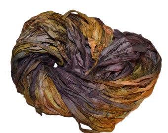 100 gram Recycled Sari BOHO Silk Ribbon Gold Purple