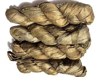 Recycled Sari Silk Ribbon Brown Green color