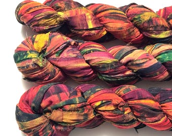 Recycled Sari Silk Ribbon Orange Green Tie Dye color