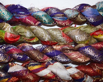 100 gram Lurex Sari Borders Recycled Sari Silk Ribbon Light Jewels tone