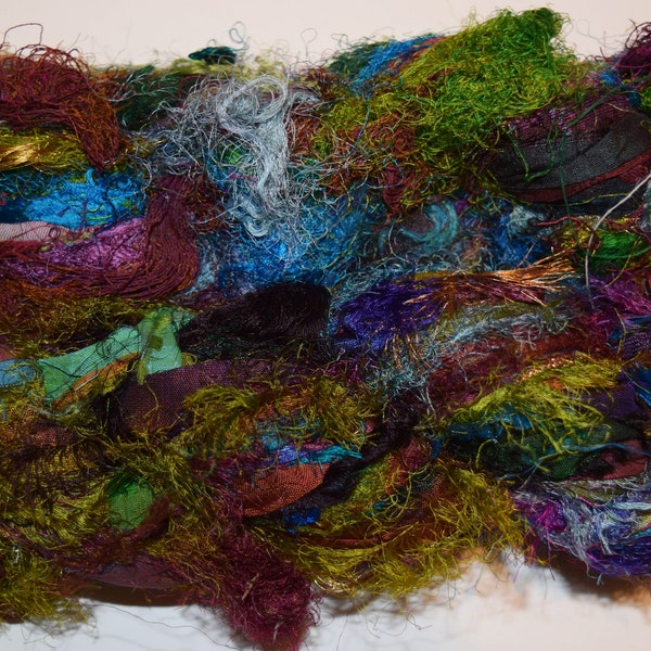 Clearance 100 gram Recycled Fuzzy Sari Silk Ribbon, multi color