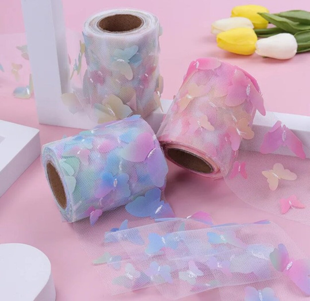 2 Butterfly Ribbons 3D Organza Ribbon 2, Colorful Gradient Butterfly Bouquet Ribbon ...