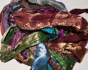 Clearance 100 gram Fair Trade Recycled Sari Silk Ribbon, Fair Trade, Multi with Lurex mix color