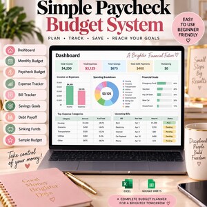 Peut inclure: Un planificateur budgétaire numérique affiché sur un écran d'ordinateur portable intitulé Simple Paycheck Budget System, avec un tableau de bord présentant des graphiques de revenus, de dépenses et d'épargne, un carnet rose et un mug.