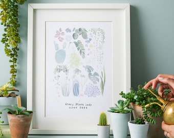 Crazy Plant Lady Illustrated Print - Nature Lover Wall Art Illustration - House Plants Artwork for your Home or Conservatory