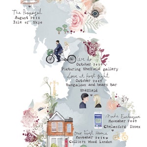 Personalised Love Stories Map Illustrated Print detailing your favourite memories together A3 size image 10