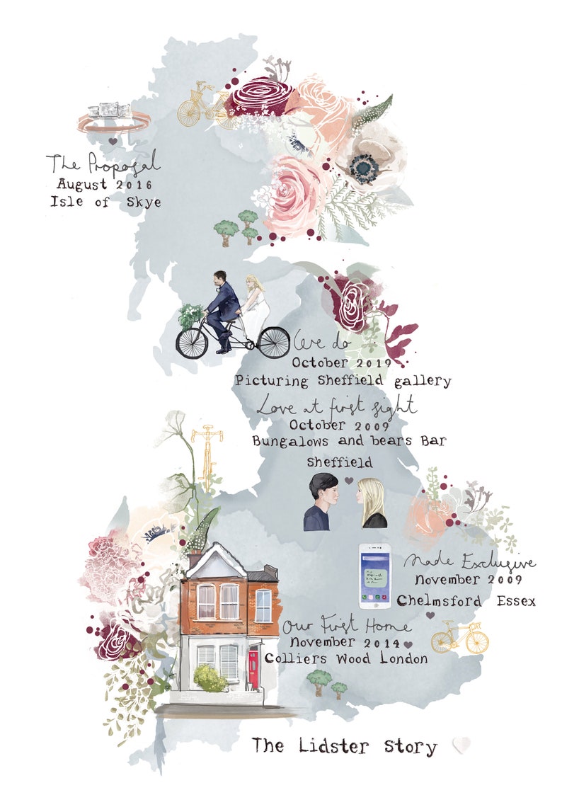 Personalised Love Stories Map Illustrated Print detailing your favourite memories together A3 size image 10