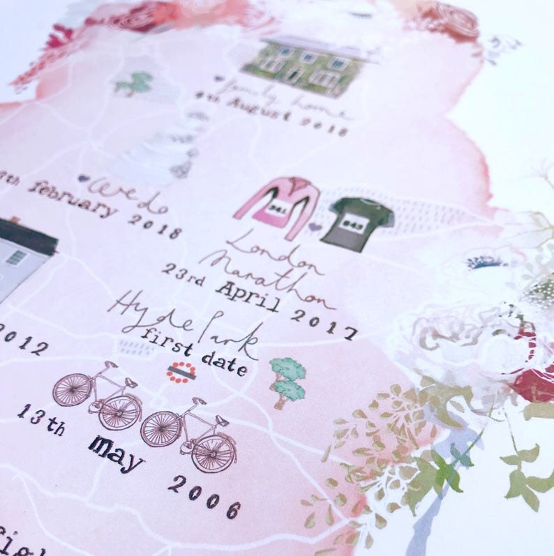 Personalised Love Stories Map Illustrated Print detailing your favourite memories together A3 size image 4