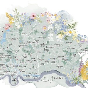 Carte personnalisée de lest de Londres Personnalisée avec votre choix de monuments et de lieux préférés Impression dart illustrée image 2