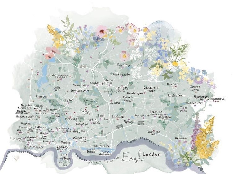 Carte personnalisée de lest de Londres Personnalisée avec votre choix de monuments et de lieux préférés Impression dart illustrée image 2
