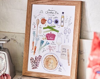 Personalised Family Recipe Illustrated Print, Unframed Kitchen Illustration - Fun Food Themed Wall Art for the Home - A4 size