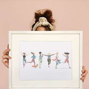Running Girls Illustrated Print - Personalised Fitness Theme Art Print -  A4 unframed