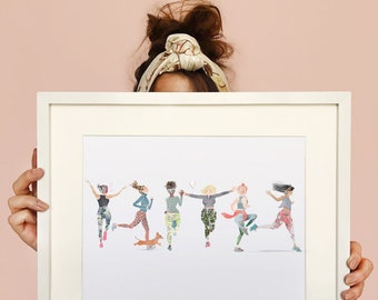 Running Girls Illustrated Print - Personalised Fitness Theme Art Print - A4 non encadré