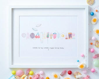 Sweets for my sweets A4 Art Print - Colourful Candy illustrated Art Print to add fun and colour to your Home, Nursery or Bedroom