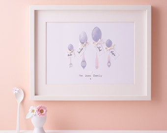 Family Name Illustration - Personalised Art Print - Family of Spoons A4 - Customised Kitchen Illustrated Wall Art for the Home