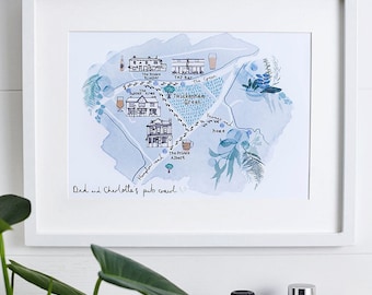 Pub Crawl Map - Illustrated Art Print - Favourite Pubs and Nights Out - Wall Art - A3 Unframed Illustration