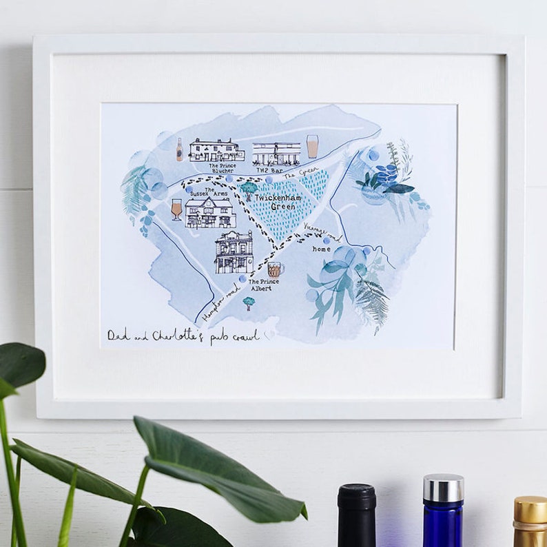 Pub Crawl Map - Illustrated Art Print - Favourite Pubs and Nights Out ...