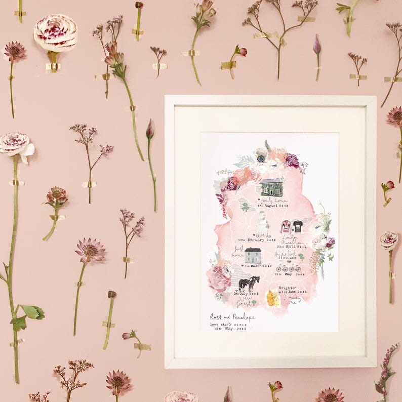 Personalised Love Stories Map Illustrated Print detailing your favourite memories together A3 size image 3