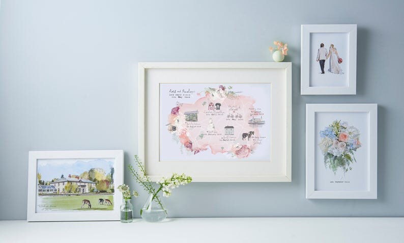 Personalised Love Stories Map Illustrated Print detailing your favourite memories together A3 size image 1
