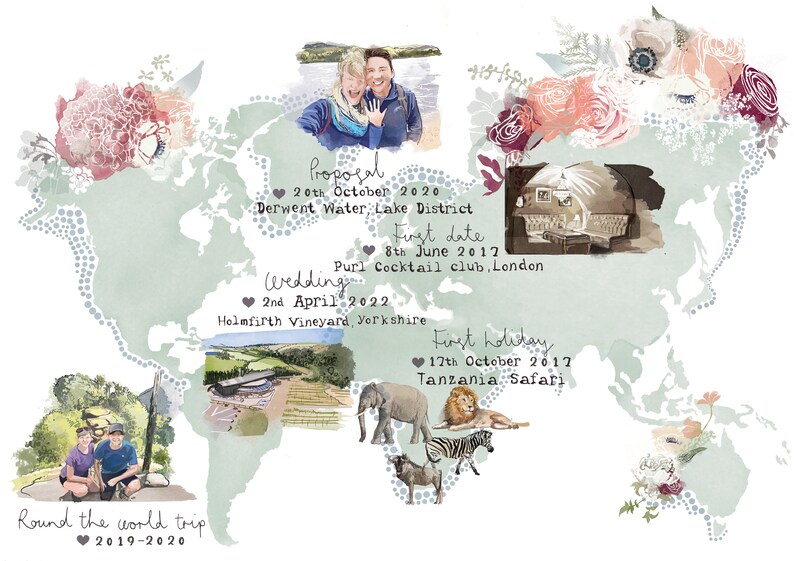 Personalised Love Stories Map Illustrated Print detailing your favourite memories together A3 size image 9