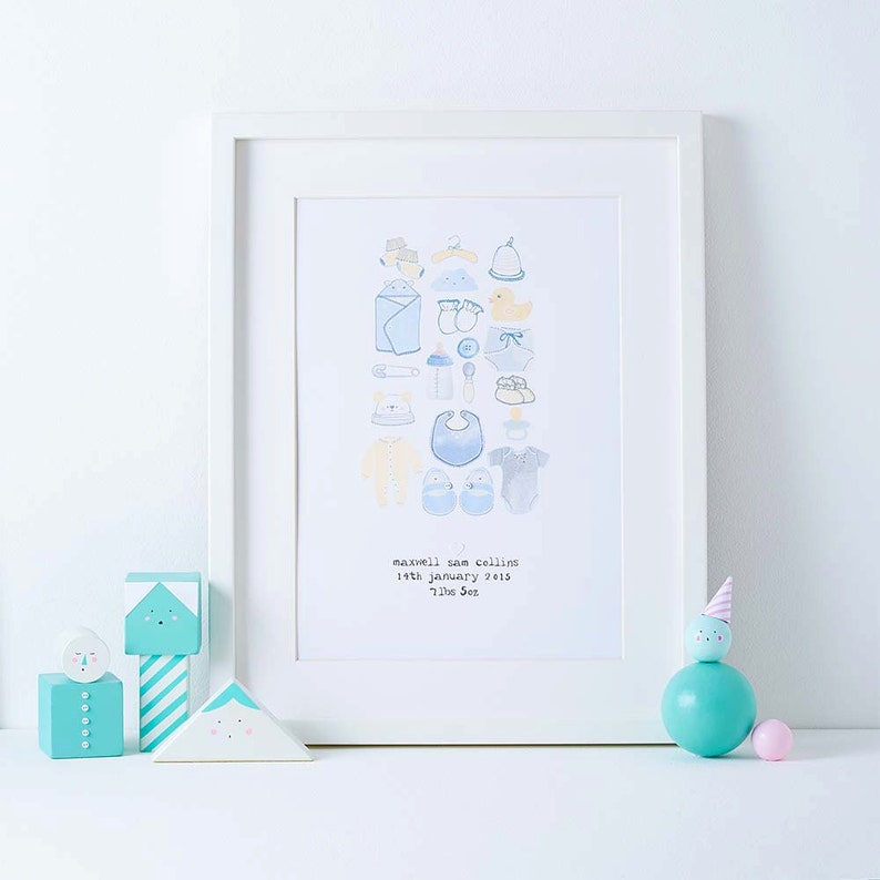 Personalised New Born Baby Art Print Illustrated Nursery Wall Decor A4 Size Unframed image 1