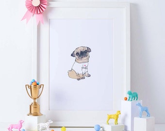 I Love Pugs A4 Art Print - Doggy Illustrated Wall Art Print - Cute Family Pet Home Decor