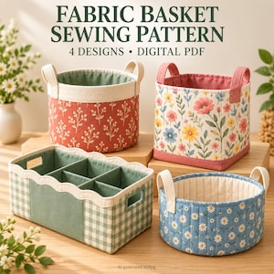 Peut inclure: Un patron de couture numérique PDF pour quatre paniers en tissu. L'image montre un panier rond rouge à motifs de brindilles blanches, un panier carré à fleurs, un panier rectangulaire à carreaux verts avec séparateurs et un panier bleu à marguerites.