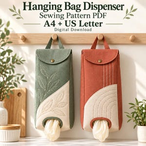 May include: Two hanging bag dispensers with digital download text. One is sage green with leaf embroidery, the other is terracotta with arched stitching. Both feature a top flap with a metal snap and a bottom opening with a white plastic bag.