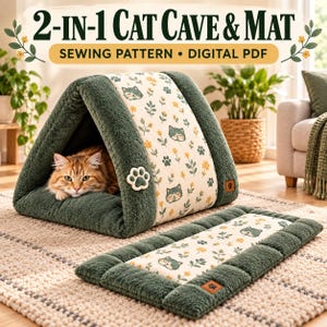 Puede incluir: Un patrón de costura digital en PDF para una cueva y alfombra 2 en 1 para gatos. La cueva es una tienda de felpa verde oscuro con un panel central crema con un patrón de gatos pequeños, flores amarillas y hojas verdes. Un gato naranja descansa dentro.